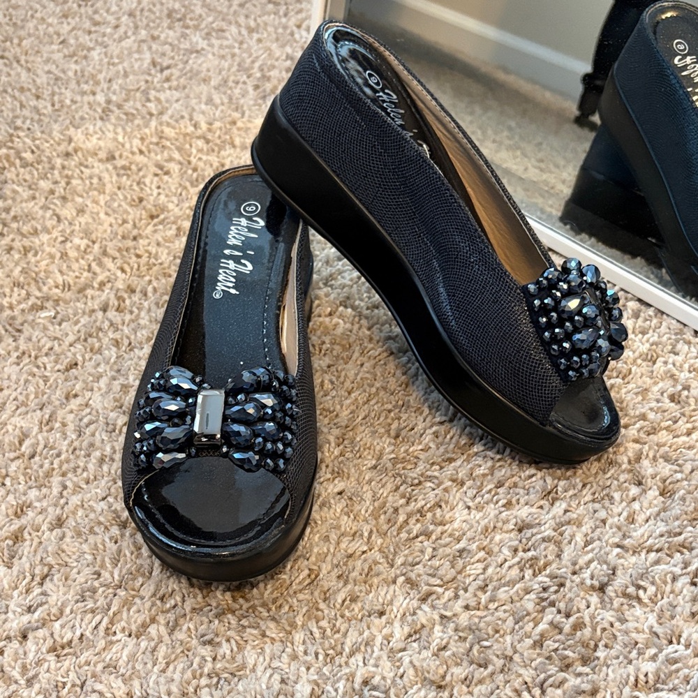 Helena Black Beaded Wedge Shoes